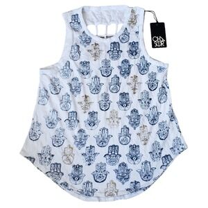 Chaser Tank Top Womens Medium White Hamsa Hand Print Cutout Back Boho Hippie New